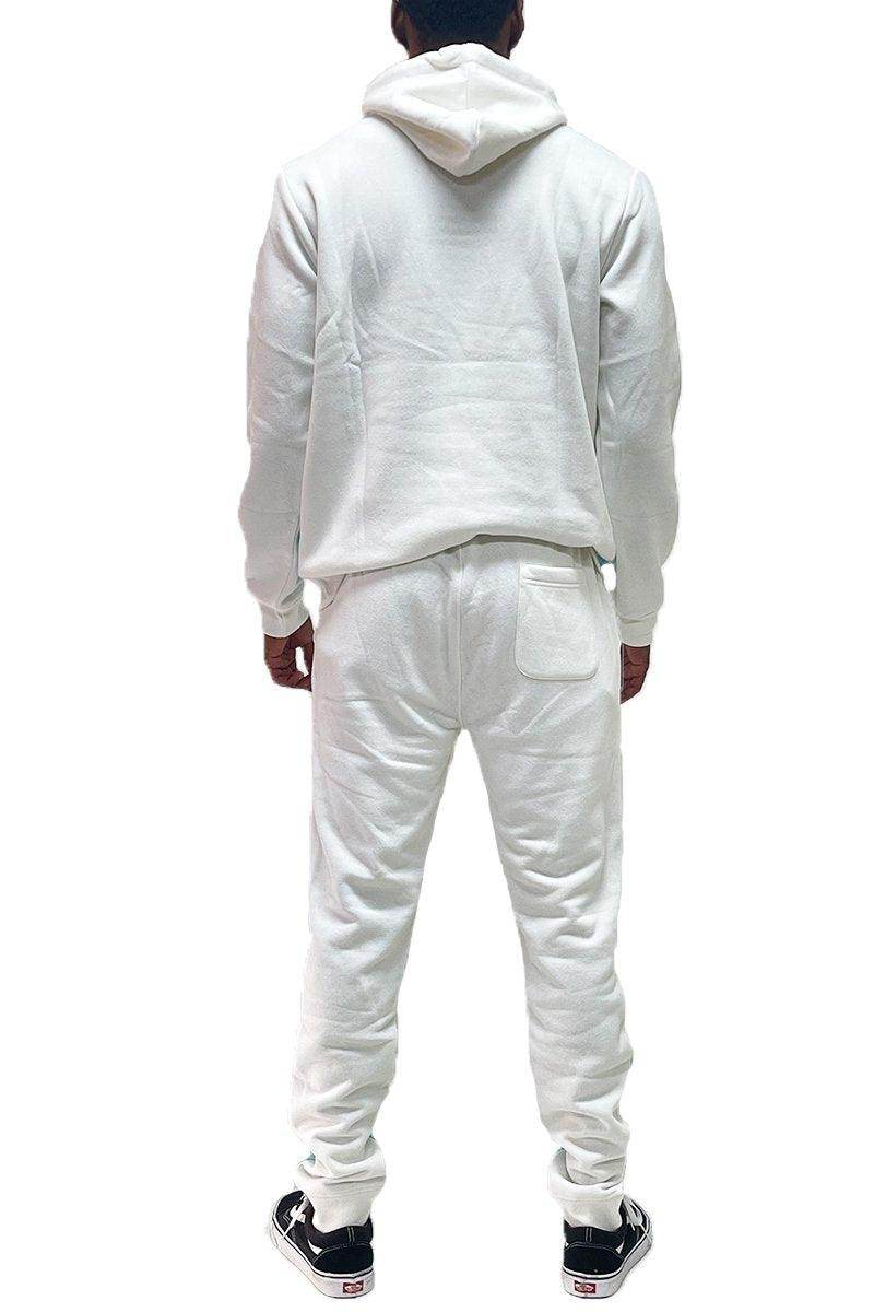 Men's 2PC Track Set in White featuring comfortable blue pullover sweatpants outfit style
