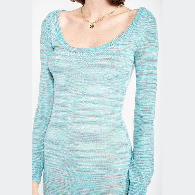 Emory Park blue scoop neck midi dress featuring a fitted design and long sleeves