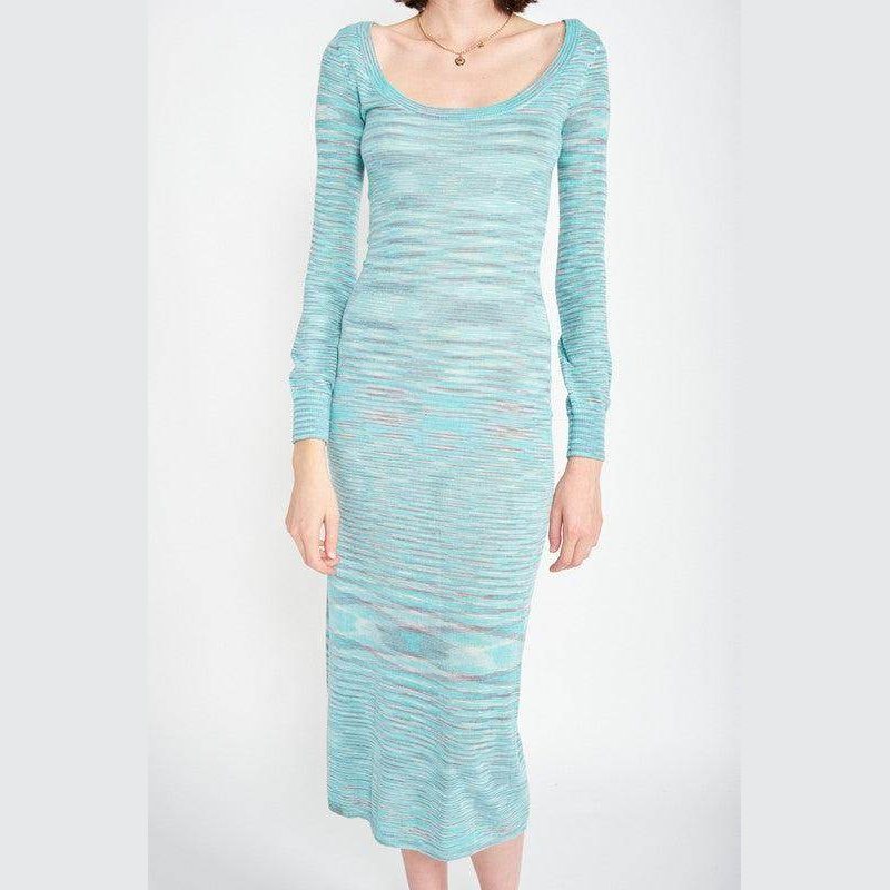 Emory Park blue scoop neck midi dress featuring a stylish striped design and long sleeves