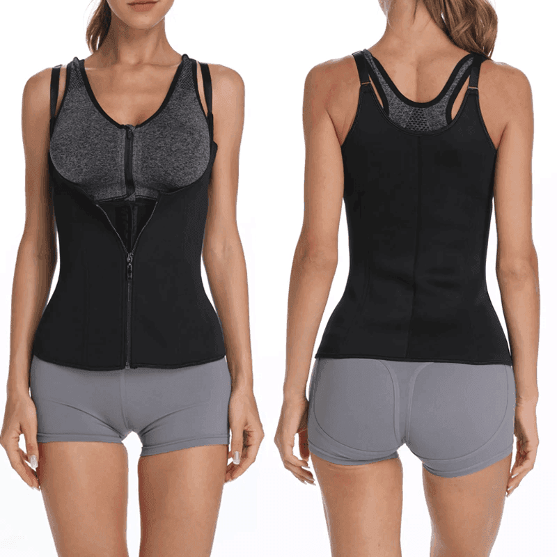 Women's body shaper fitness corset in black, designed for support during workouts and contours the waist