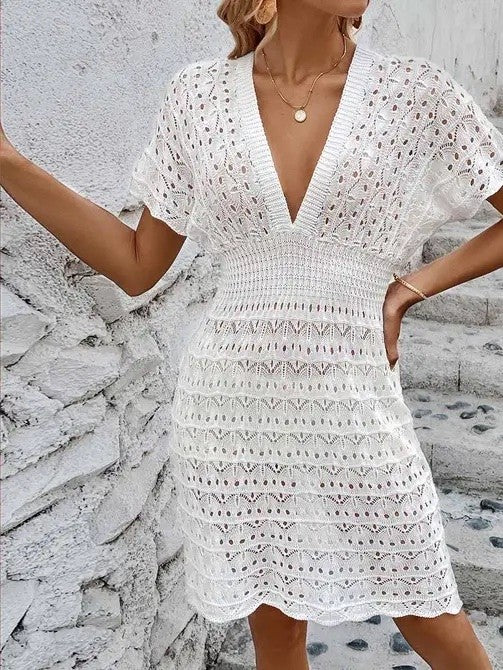 Miss Sparkling white boho crochet beach dress women's swimwear cover up with deep V neckline