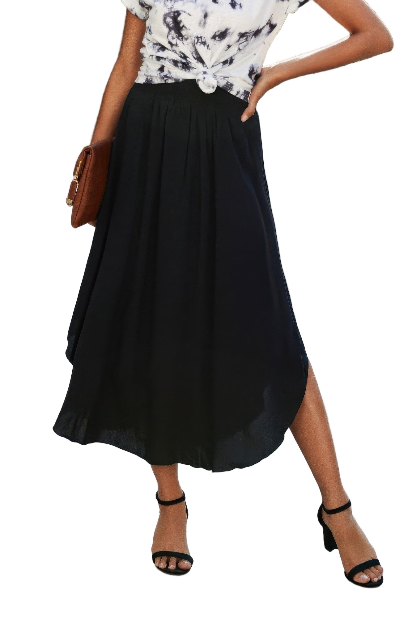 VacationGrabs women's black boho print flowy skirt styled with tie-dye top and black heels