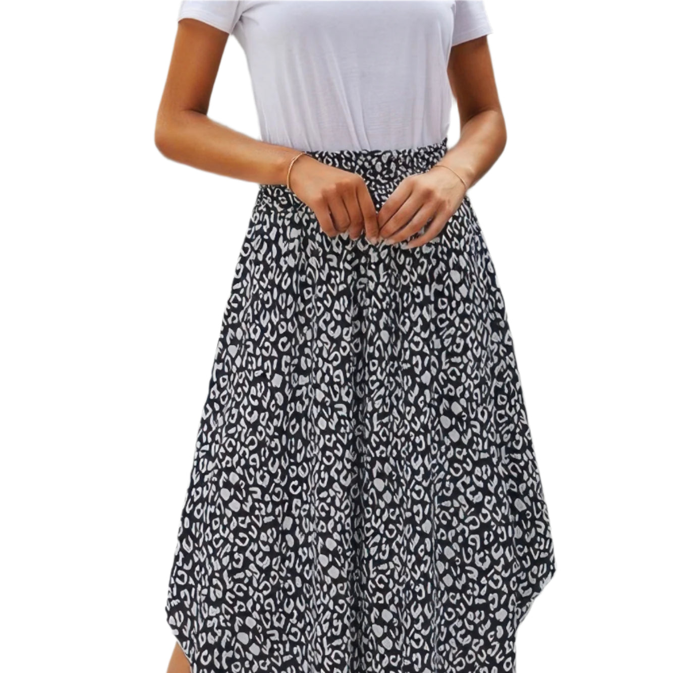 VacationGrabs women's boho print flowy skirt in black and white with an asymmetrical hem