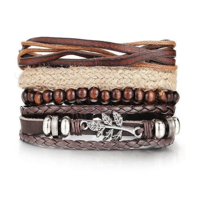 Men's wristbands featuring boho style jewelry for vacation with braided leather and wooden beads