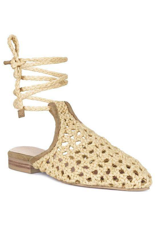 Rag Company Boho style mule flats in natural woven design with lace-up ankle detail