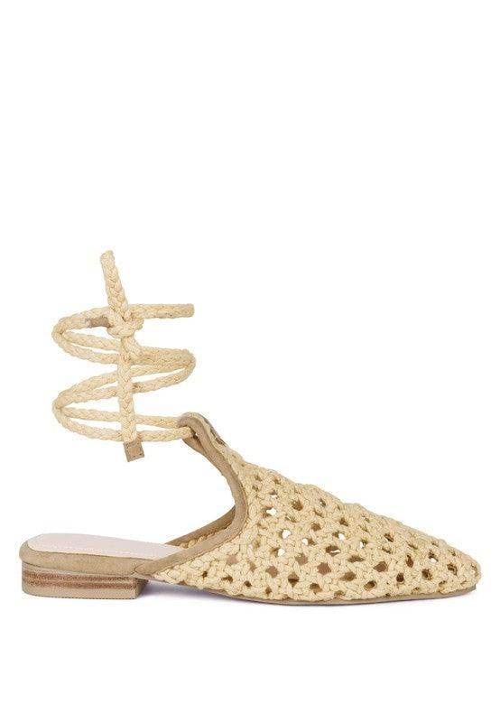 Rag Company boho style mule flats in natural woven design with ankle straps for a stylish look