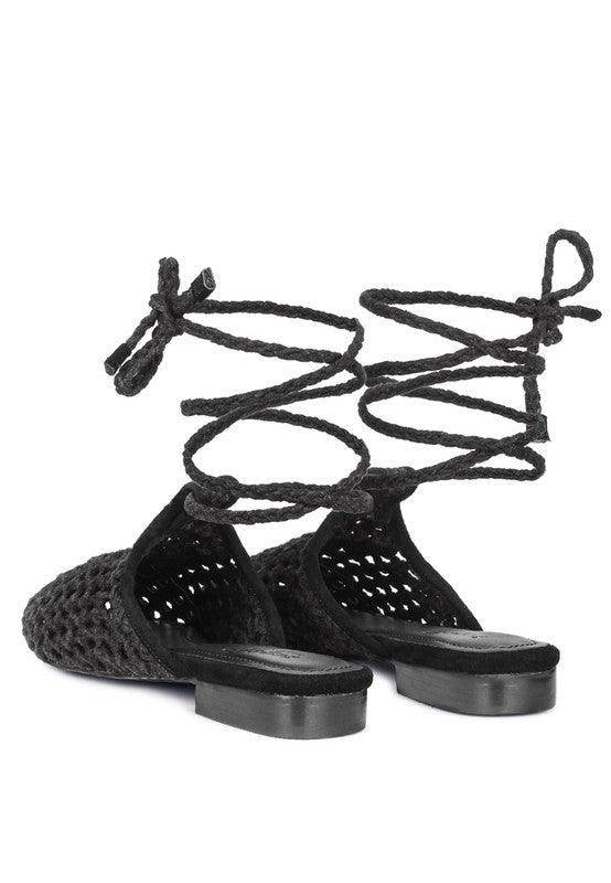 Rag Company black boho style mule flats with lace-up design for casual summer wear