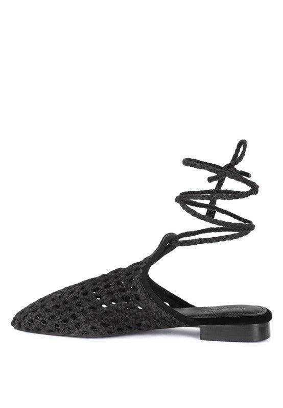 Rag Company black boho style mule flats with intricate woven design and ankle strap