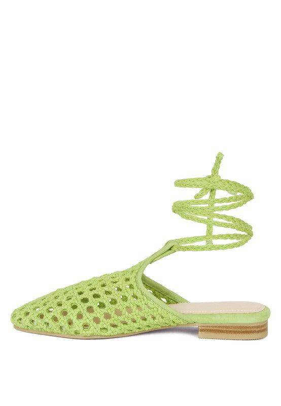 Rag Company boho style mule flats in bright green with a unique crochet design and ankle wraps