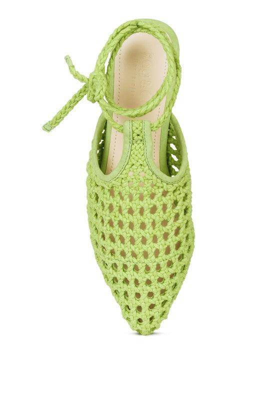 Rag Company Green Boho Style Mule Flats with Open Weave Design and Ankle Tie Detail