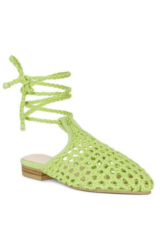 Rag Company boho style mule flats in bright green with woven design and lace-up detail