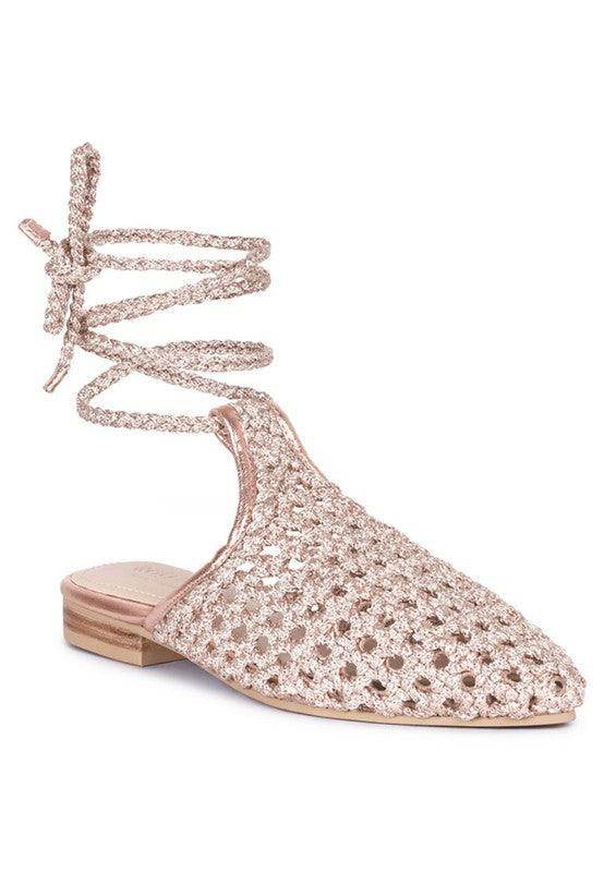 Rag Company Boho style mule flats with lace-up ankle ties and a stylish open design