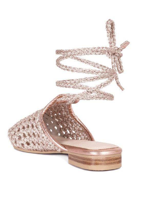 Rag Company boho style mule flats with a woven design and ankle ties for stylish comfort