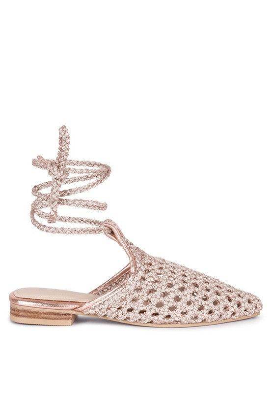Rag Company boho style mule flats in pink with woven design and ankle wrap for stylish comfort