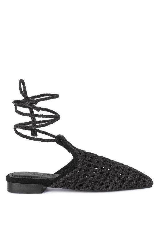 Rag Company black boho style mule flats with a woven design and lace-up ankle detail