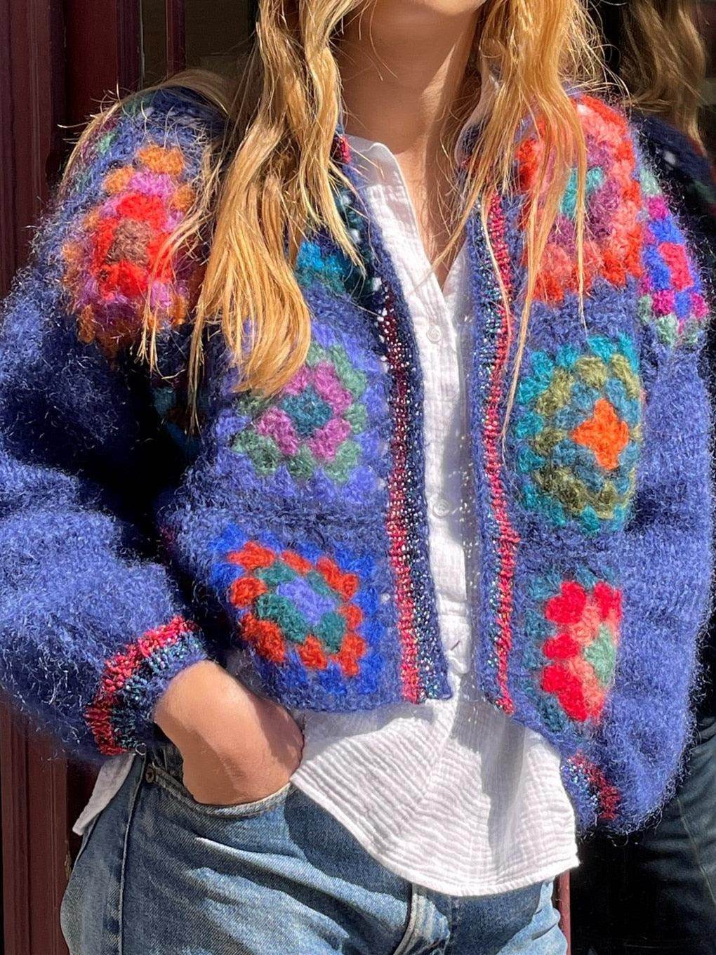 Colorful Women's Sweater by VacationGrabs in boho vacation style clothing with vibrant square patterns
