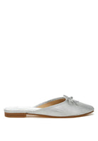 Rag Company silver bow accent flat mules for women with textured finish and low heel