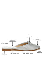 Rag Company women's bow accent flat mules in shiny metallic with dainty bow detail and closed round toe