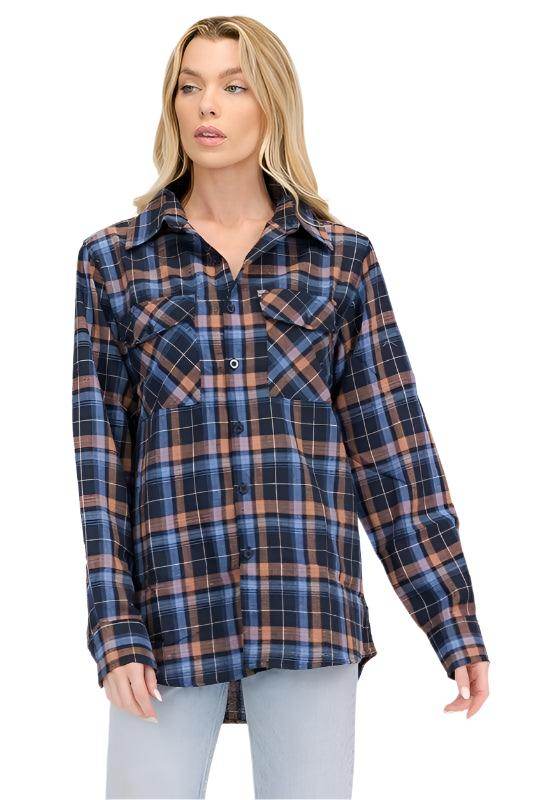 Boyfriend Fit Checker Plaid Flannel Long Sleeve - VacationGrabs