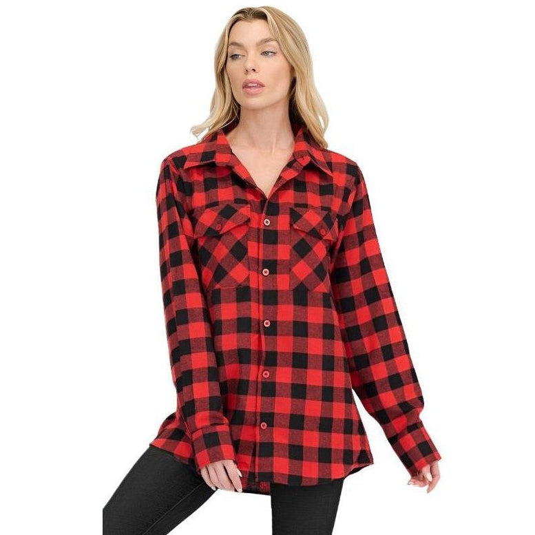 Boyfriend Fit Shirts Checker Plaid Flannel Long Sleeve - VacationGrabs