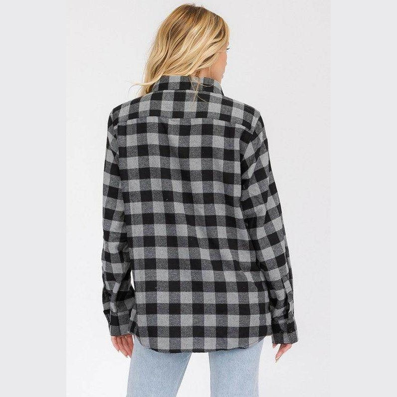 Boyfriend Fit Shirts Checker Plaid Flannel Long Sleeve - VacationGrabs