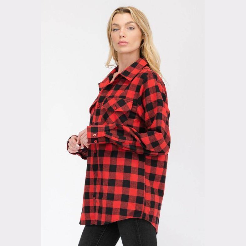 Boyfriend Fit Shirts Checker Plaid Flannel Long Sleeve - VacationGrabs