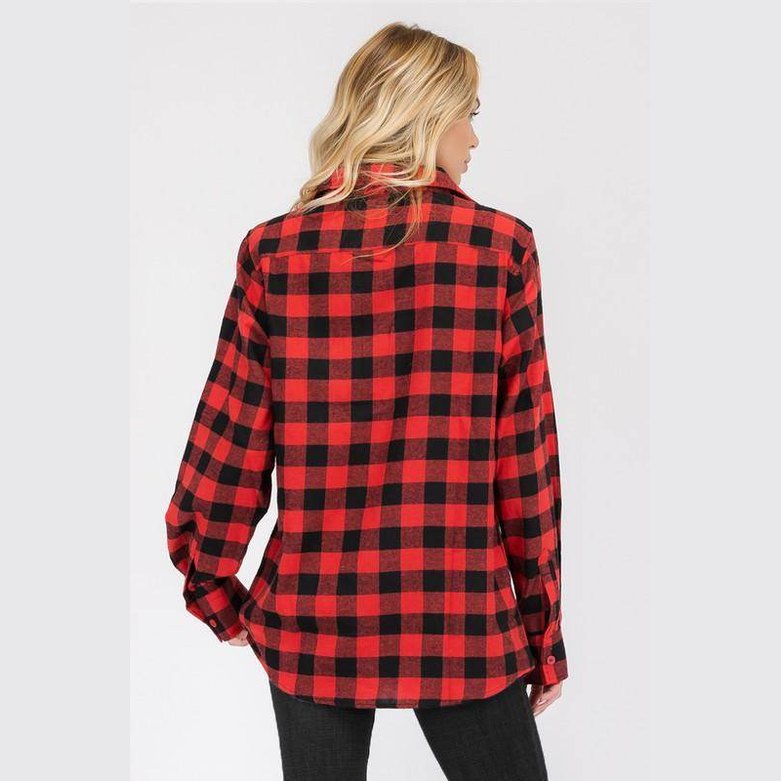 Boyfriend Fit Shirts Checker Plaid Flannel Long Sleeve - VacationGrabs