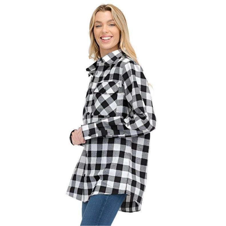 Boyfriend Fit Shirts Checker Plaid Flannel Long Sleeve - VacationGrabs