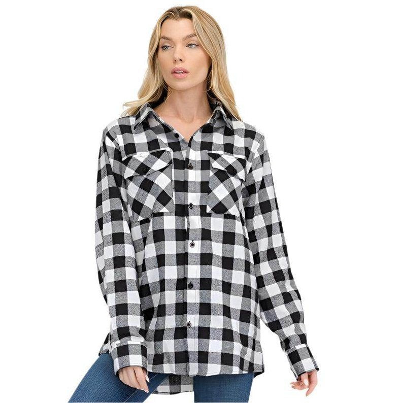 Boyfriend Fit Shirts Checker Plaid Flannel Long Sleeve - VacationGrabs