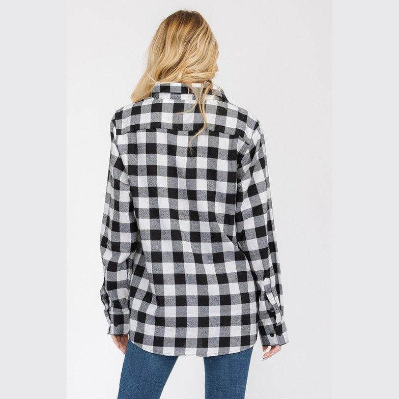 Boyfriend Fit Shirts Checker Plaid Flannel Long Sleeve - VacationGrabs