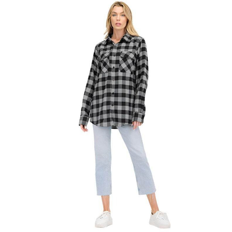 Boyfriend Fit Shirts Checker Plaid Flannel Long Sleeve - VacationGrabs