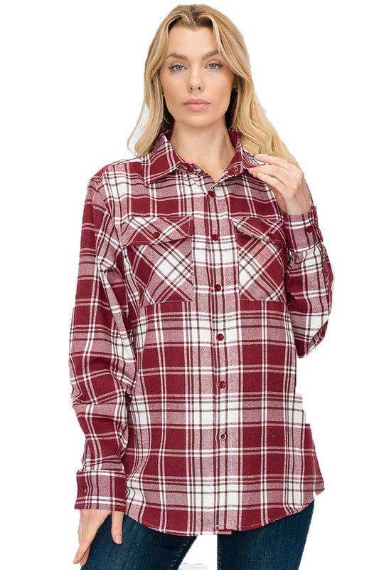Boyfriend Fit Checker Plaid Flannel Long Sleeve Shirt - VacationGrabs