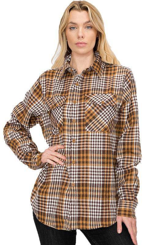 Boyfriend Fit Checker Plaid Flannel Long Sleeve Shirt - VacationGrabs