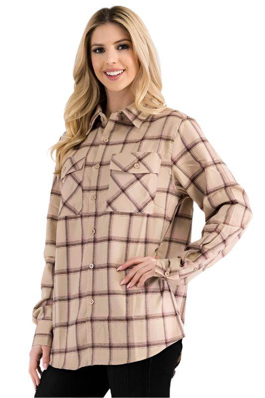 Boyfriend Fit Checker Plaid Flannel Long Sleeve Shirt - VacationGrabs