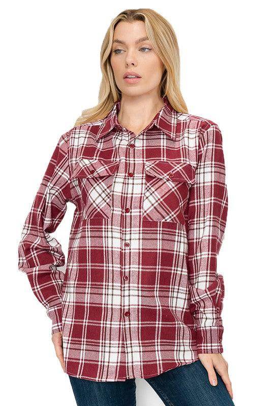 Boyfriend Fit Checker Plaid Flannel Long Sleeve Shirt - VacationGrabs