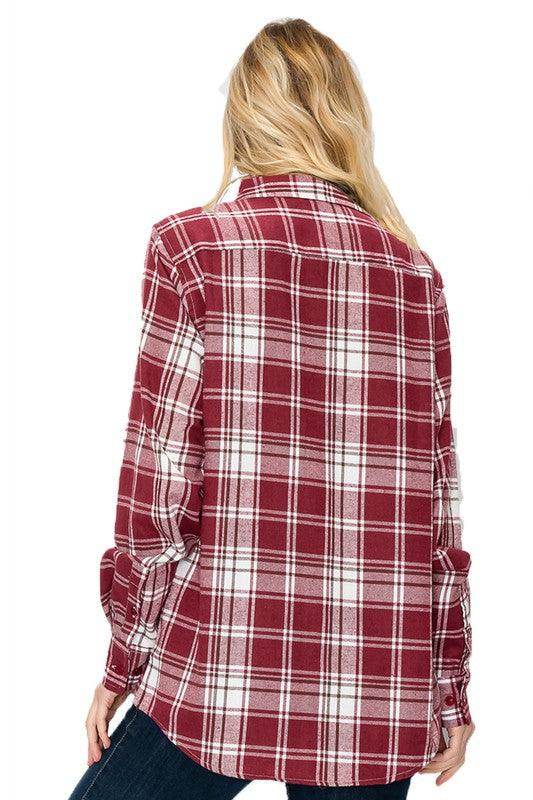 Boyfriend Fit Checker Plaid Flannel Long Sleeve Shirt - VacationGrabs