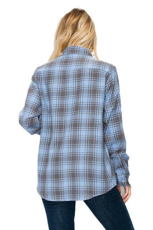 Boyfriend Fit Checker Plaid Flannel Long Sleeve Shirt - VacationGrabs