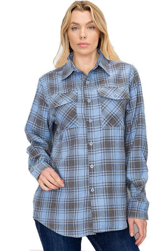 Boyfriend Fit Checker Plaid Flannel Long Sleeve Shirt - VacationGrabs