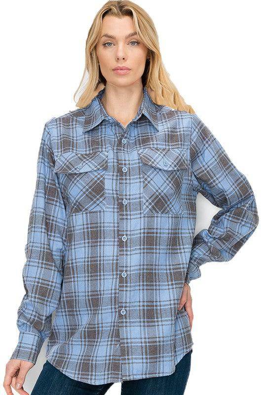 Boyfriend Fit Checker Plaid Flannel Long Sleeve Shirt - VacationGrabs