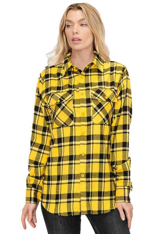 Boyfriend Fit Checker Plaid Flannel Long Sleeve Shirt - VacationGrabs
