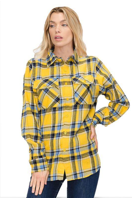 Boyfriend Fit Checker Plaid Flannel Long Sleeve Shirt - VacationGrabs