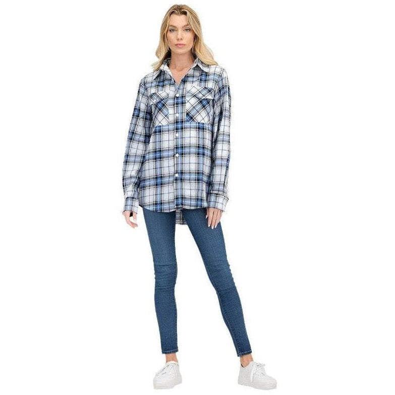 Boyfriend Fit Checker Plaid Flannel Long Sleeve Shirts - VacationGrabs
