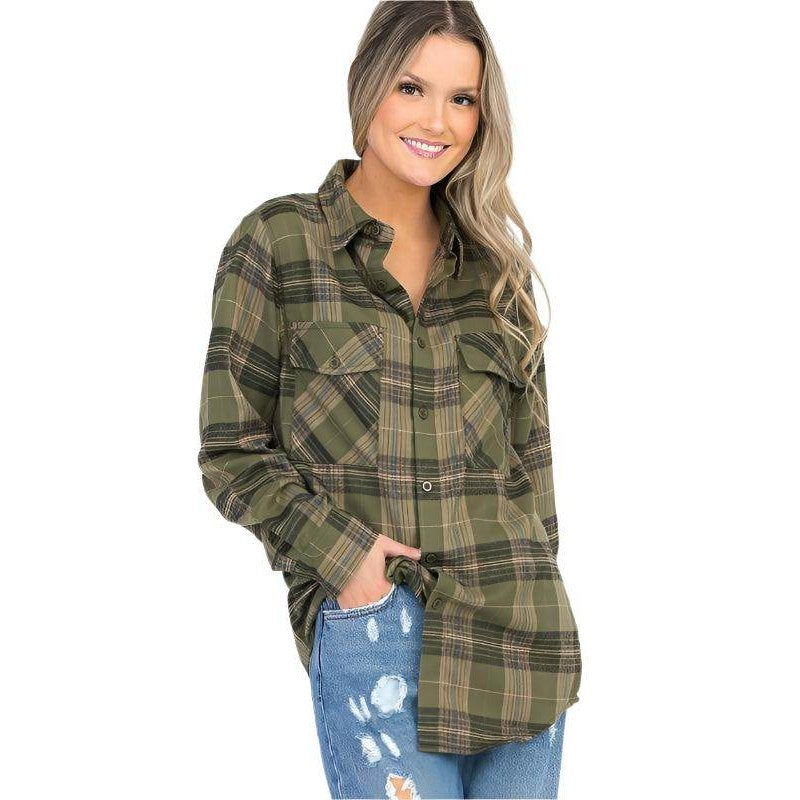 Boyfriend Fit Checker Plaid Flannel Long Sleeve Shirts - VacationGrabs