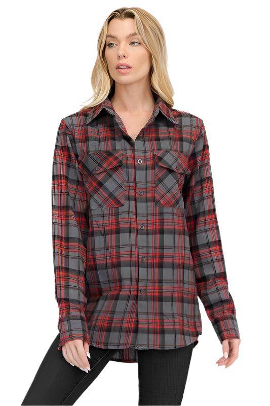 Boyfriend Fit Checker Plaid Flannel Shirts Long Sleeve - VacationGrabs