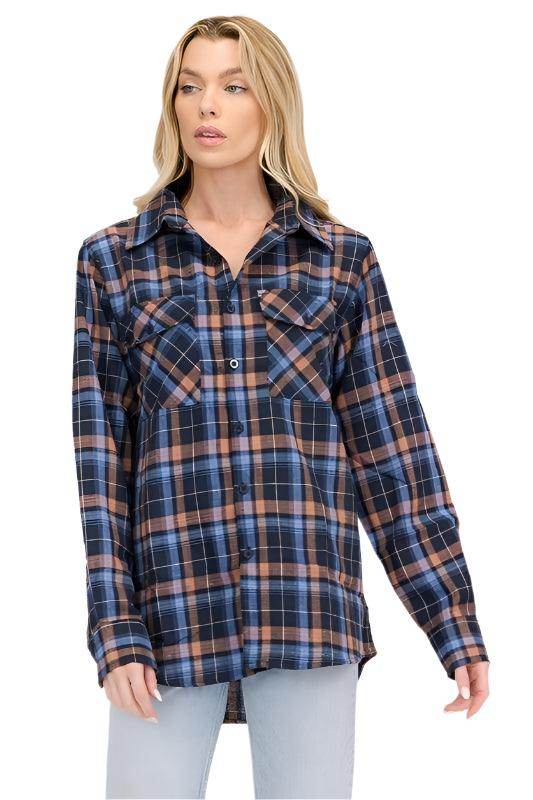 Boyfriend Fit Checker Plaid Flannel Shirts Long Sleeve - VacationGrabs