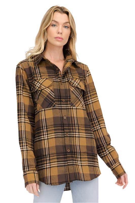 Boyfriend Fit Checker Plaid Flannel Shirts Long Sleeve - VacationGrabs