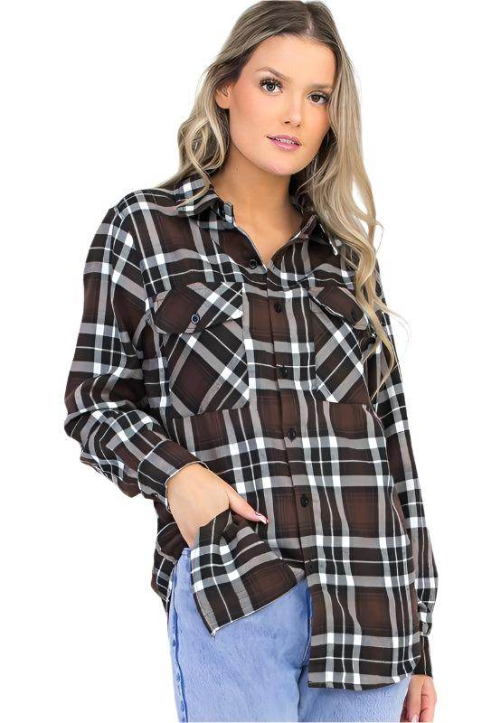 Boyfriend Fit Checker Plaid Flannel Shirts Long Sleeve - VacationGrabs
