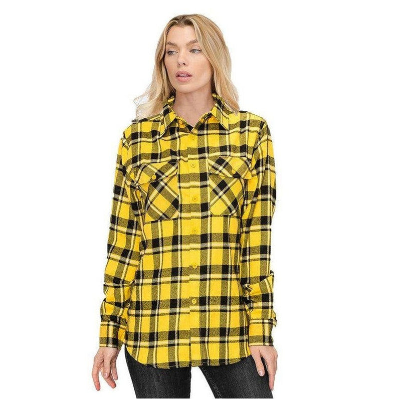 Boyfriend Fit Shirt Checker Plaid Flannel Long Sleeve - VacationGrabs