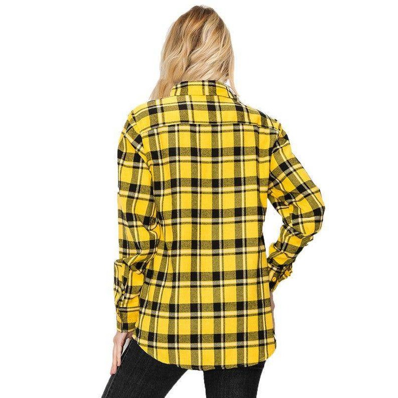 Boyfriend Fit Shirt Checker Plaid Flannel Long Sleeve - VacationGrabs