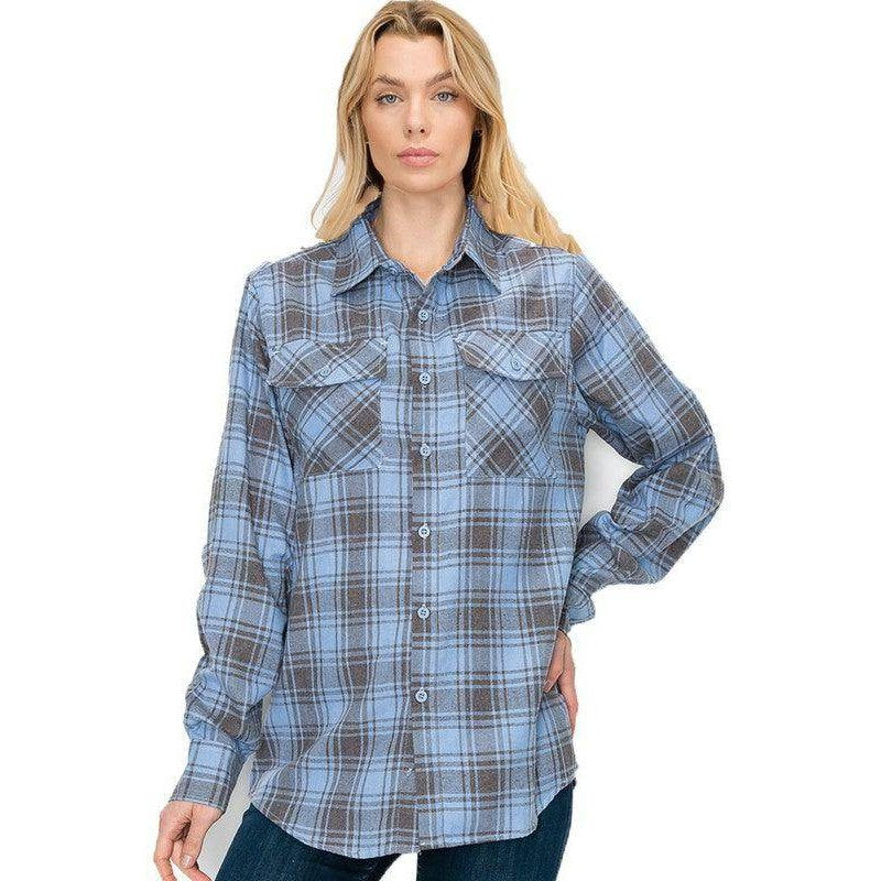 Boyfriend Fit Shirt Checker Plaid Flannel Long Sleeve - VacationGrabs